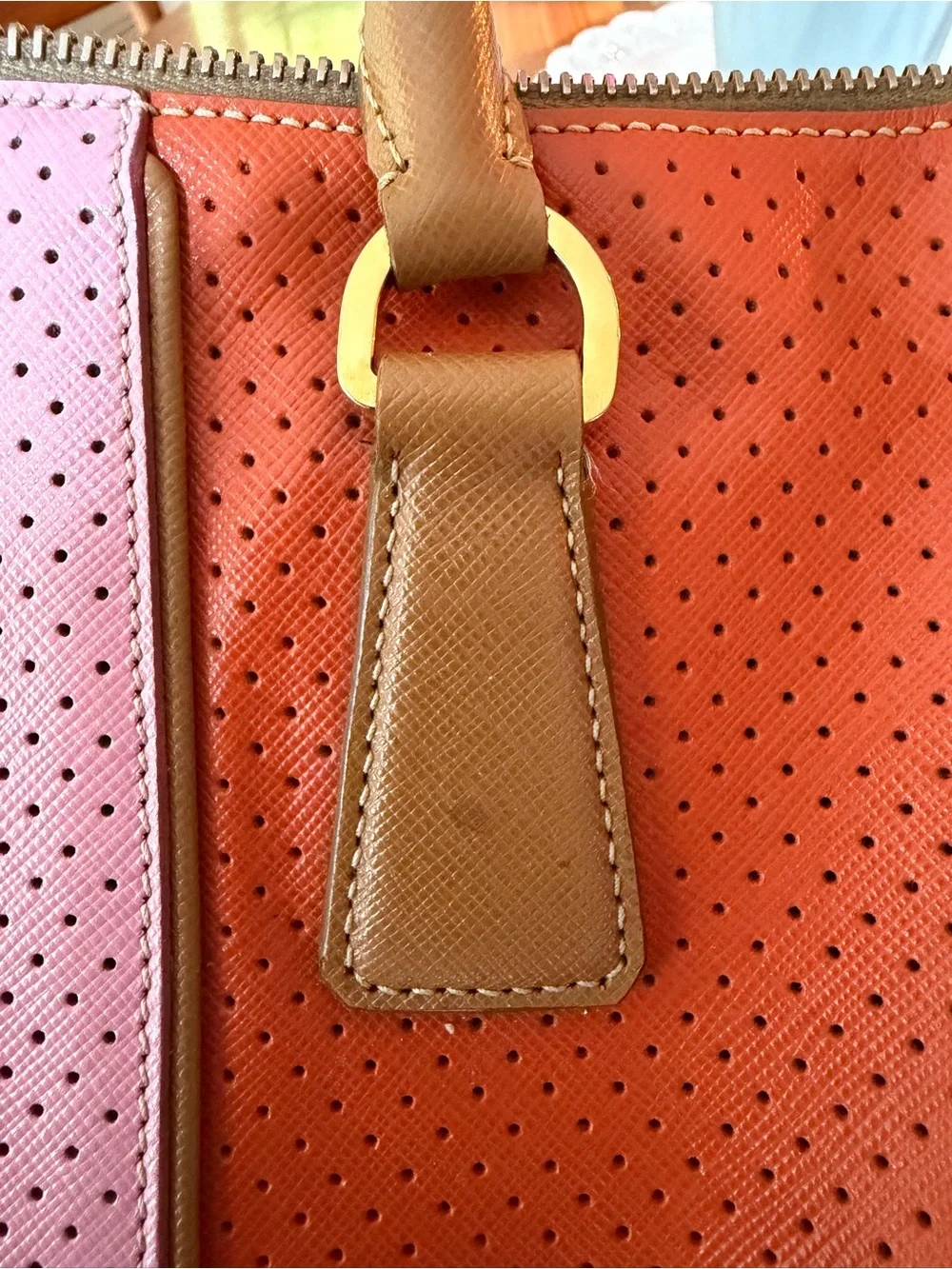 Prada Orange and Pink Perforated Saffiano Leather Boston Bag